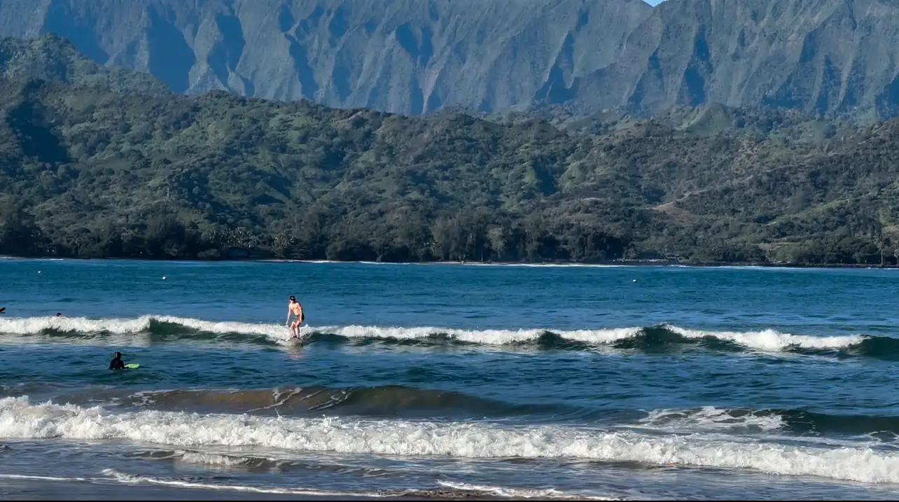 Person surfing a small wave in the ocean with green mountains and a coastal shoreline in the background.