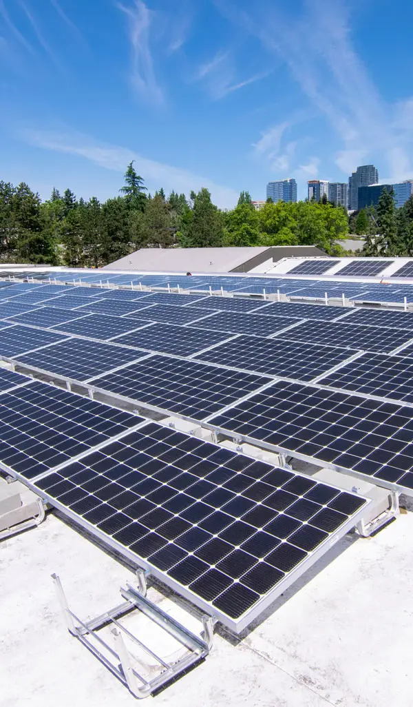 Rows of rooftop solar panels installed on a flat commercial building under a blue sky.