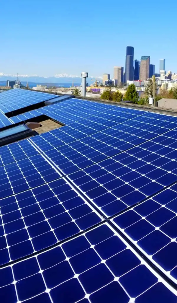 Blue solar panels on a rooftop with a city skyline visible in the background